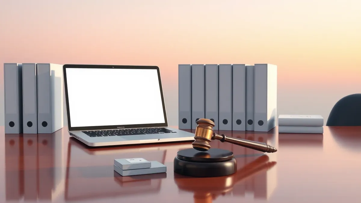 Illustration: A polished corporate desk holds a blank laptop beside a stack of empty book spines.
