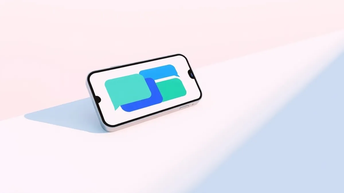 Illustration: A smartphone rests on a clean white surface, its screen displaying a messaging interface with colorful abstract shapes representing chat bubbles.