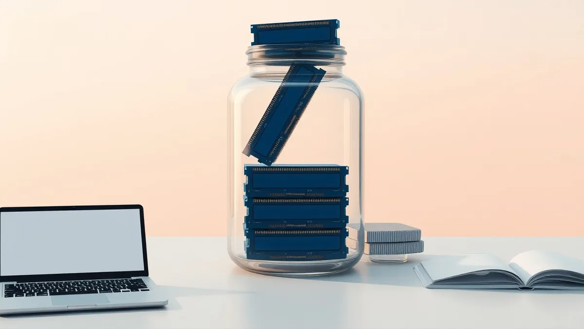 Illustration: A translucent glass jar containing neatly stacked blue memory blocks sits on a plain white desk.