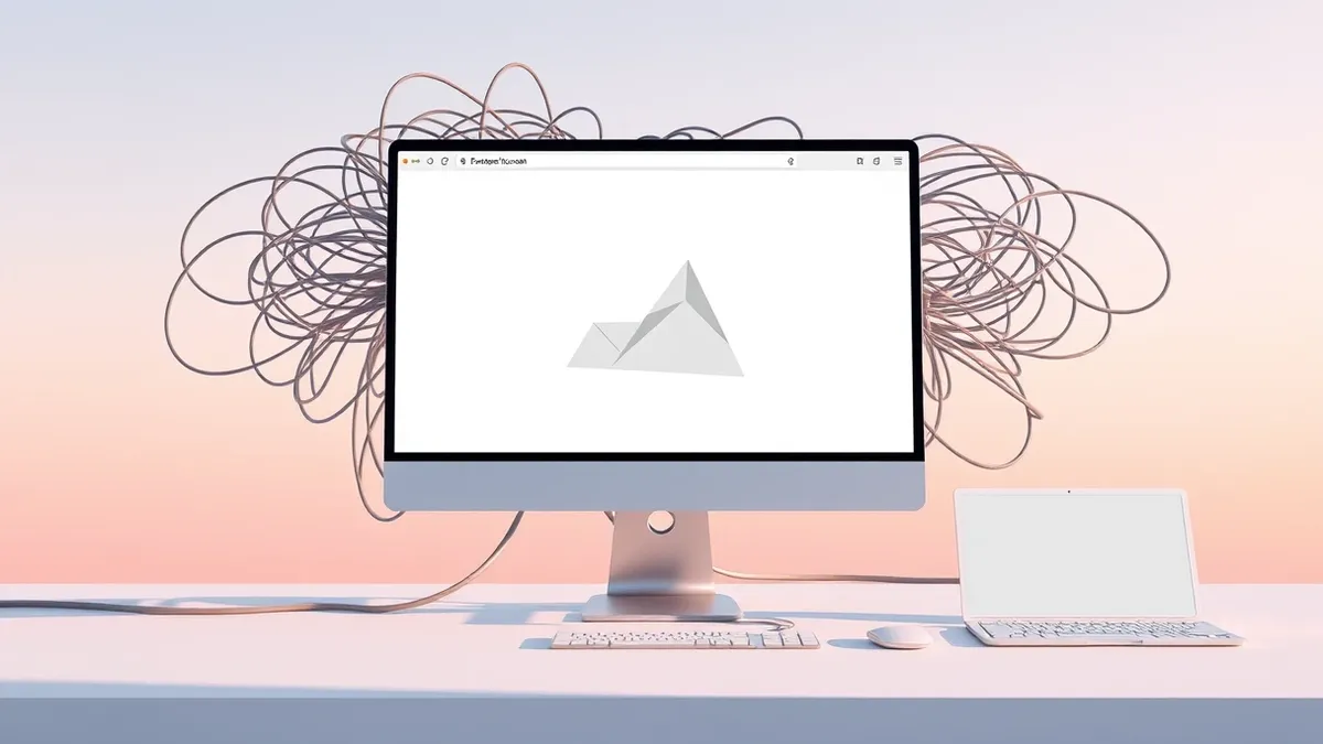 Illustration: A sleek desktop monitor displays a minimalist browser window with abstract geometric shapes representing streamlined web workflows.