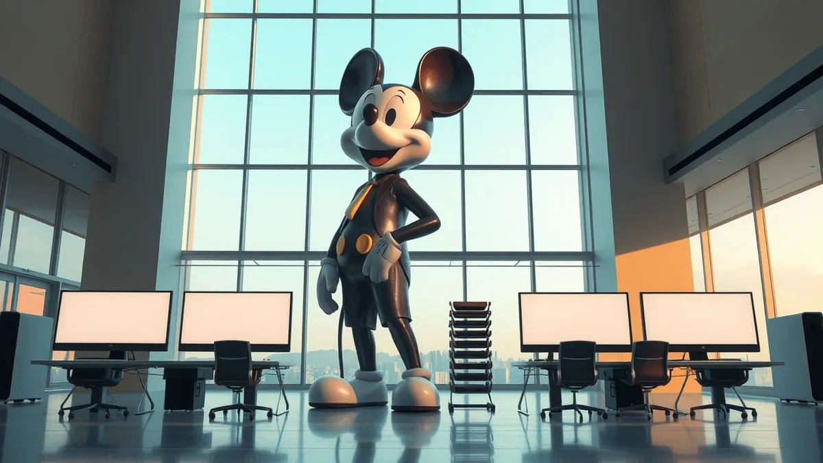 Illustration: A towering animated mouse statue stands in a grand lobby beside several sleek workstations.