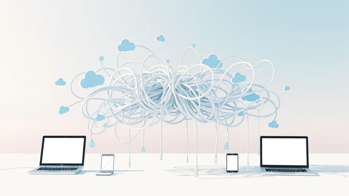Illustration: A tangled mess of white and blue cables connects various abstract cloud icons, forming an impenetrable knot.