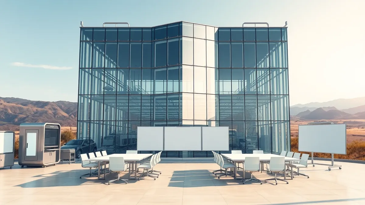 Illustration: A modern glass building stands in a sunny valley with polished metal accents.
