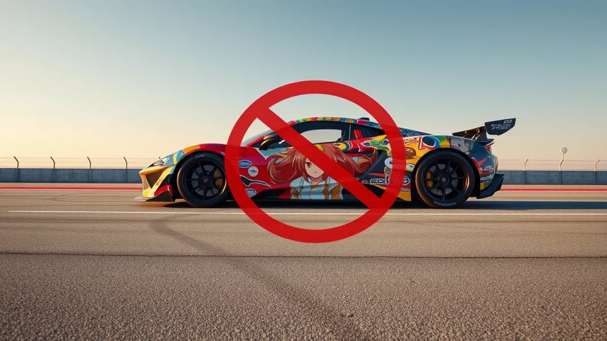 Illustration: A glossy sports car sits on a racetrack, its body wrapped in vibrant anime character art.