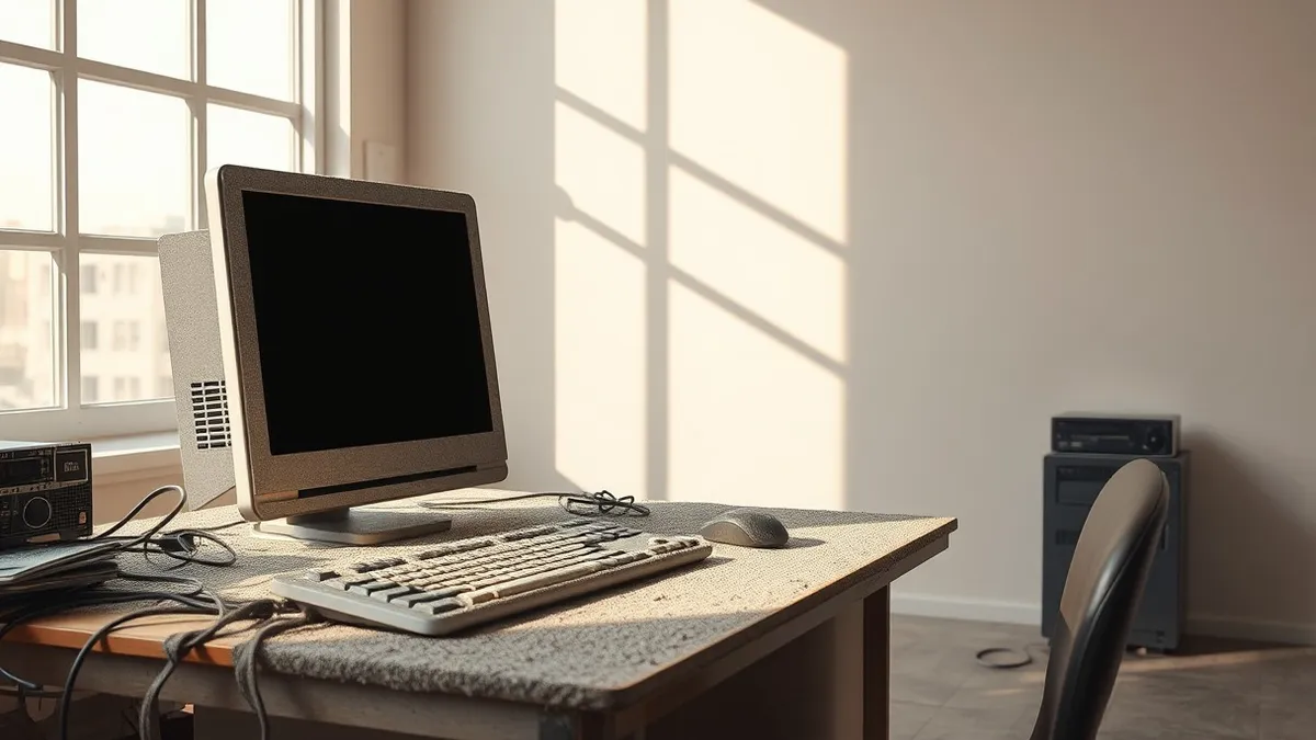 Illustration: A single dusty desktop computer tower sits abandoned on a cluttered desk, its monitor dark and blank.