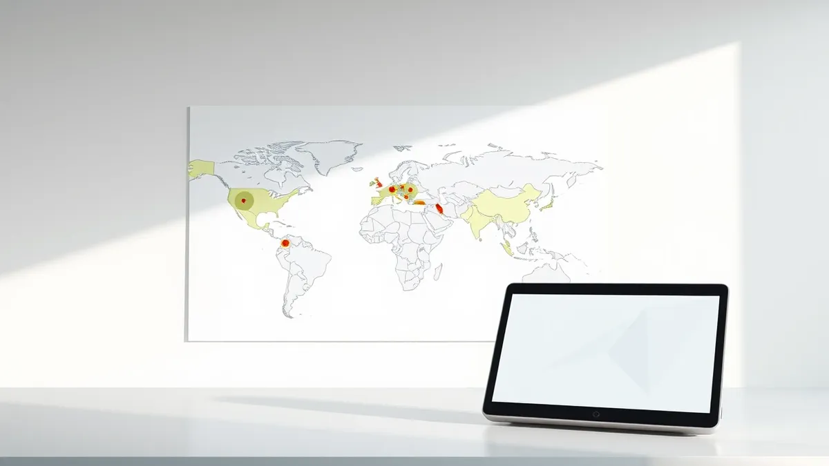 Illustration: A clean white wall displays a large map with colored zones indicating security risks.
