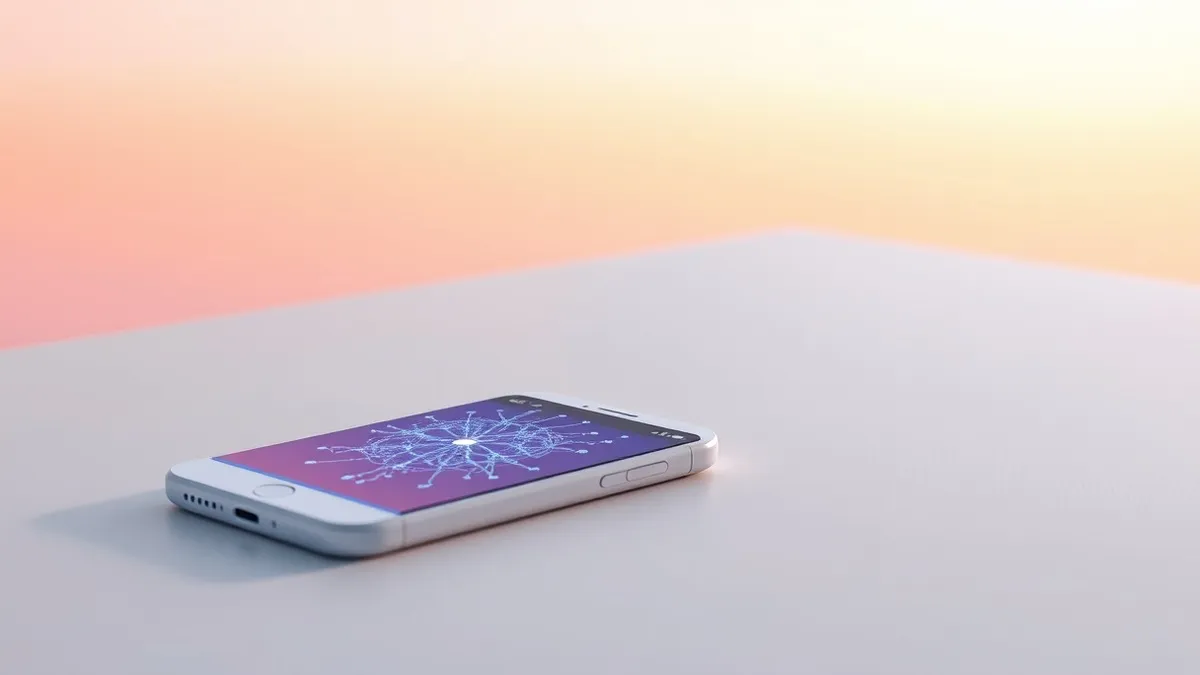 Illustration: A sleek white smartphone rests on a minimalist desk beside a glowing abstract neural network visualization.