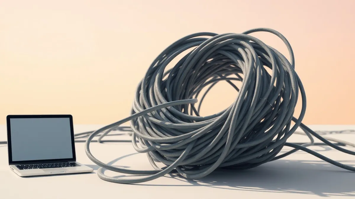 Illustration: A tangled knot of grey wires wraps tightly around a central node, with a loose loop slipping through a protective ring.