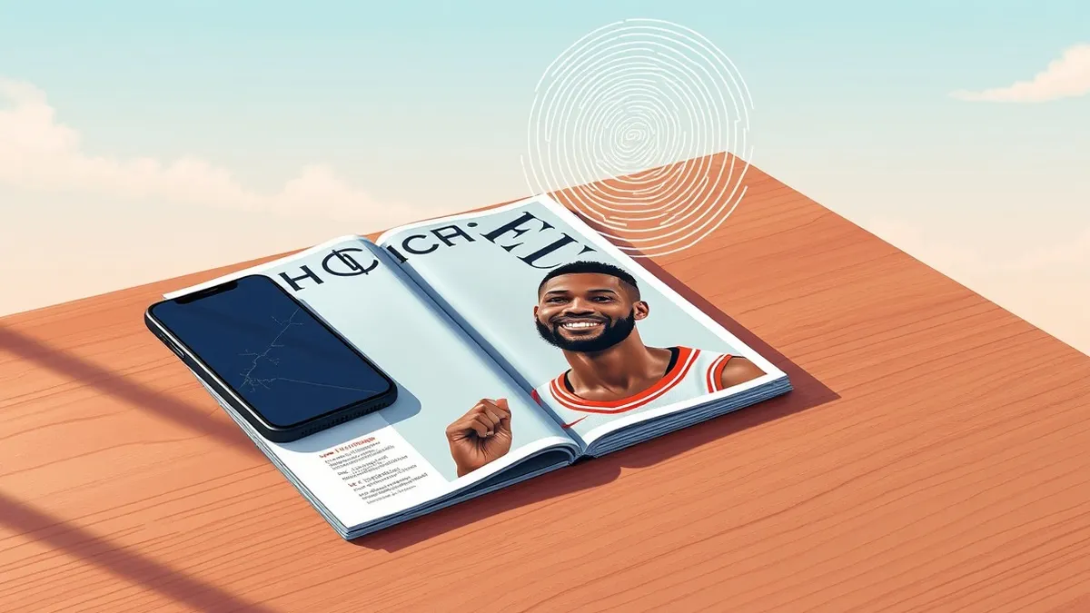 Illustration: A basketball player’s glossy magazine profile photo sits on a wooden desk beside a smartphone with a cracked screen.