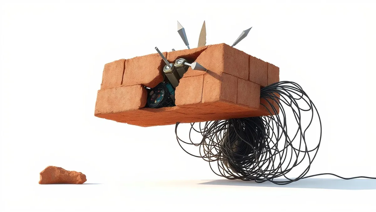 Illustration: A cracked clay brick floats above a tangled nest of exposed wires.