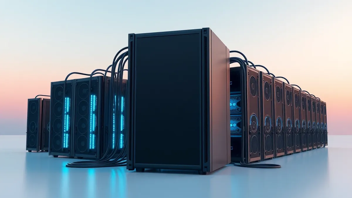 Illustration: A sleek black server unit with a blank front panel sits connected by thick cables to a cluster of graphical processing units.