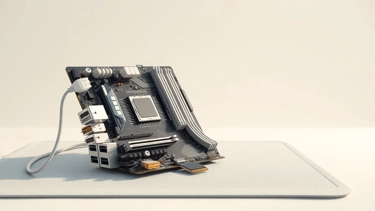 Illustration: A clean desktop motherboard rests on an anti-static mat, featuring a central processor socket with white plastic contacts.