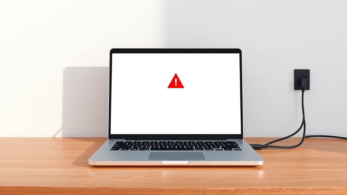 Illustration: A sleek silver laptop sits open on a wooden desk, its screen displaying a blank white interface with a single red warning triangle in the center.