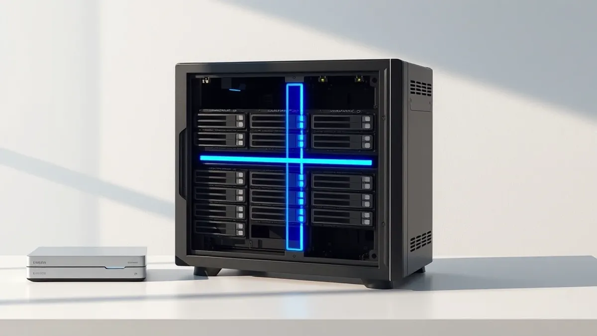 Illustration: A sleek black server tower sits on a clean white desk with its front panel removed to expose internal drive bays.