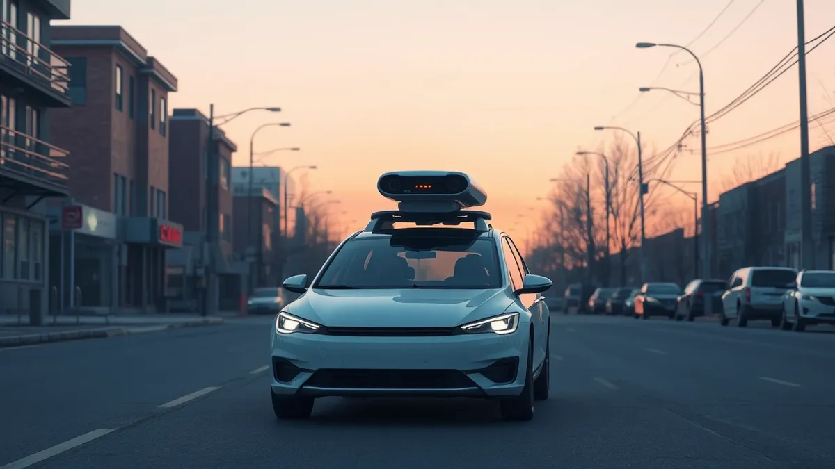 Illustration: A self-driving car with roof-mounted sensors moves through a quiet Toronto street, capturing detailed images of the urban environment for automated navigation purpose