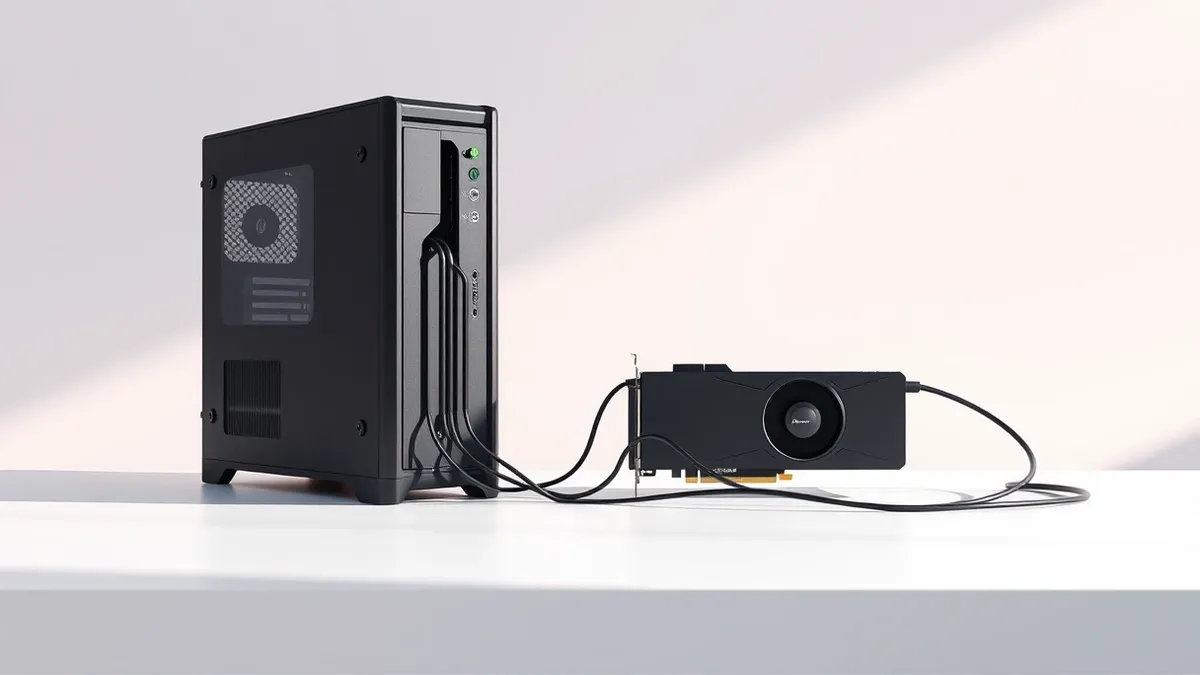 Illustration: A sleek black desktop computer tower sits on a clean white table.