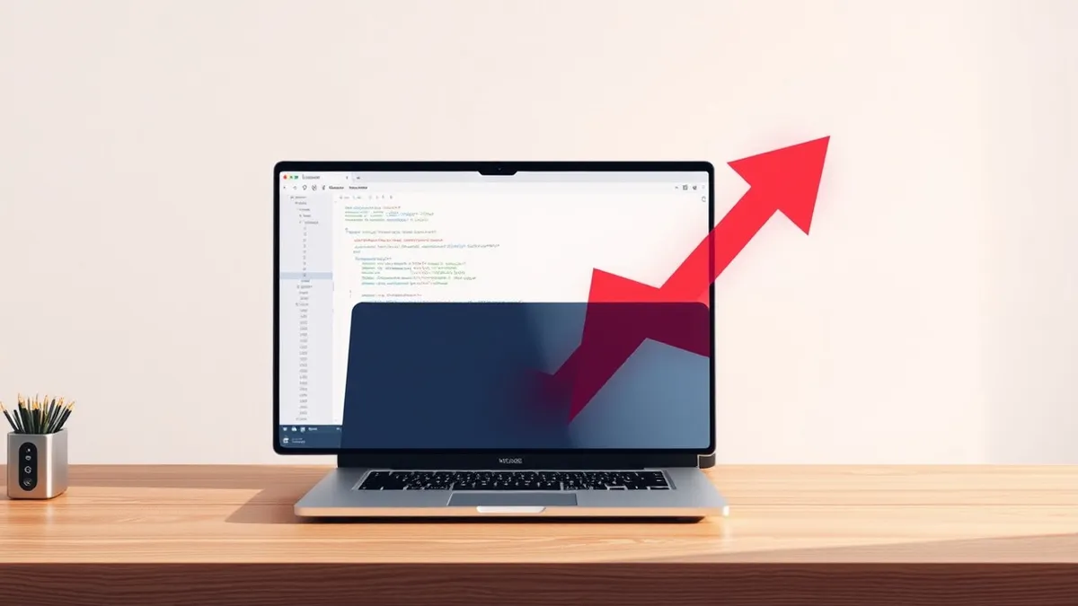 Illustration: A sleek laptop sits on a wooden desk, its screen displaying a blank code editor interface.