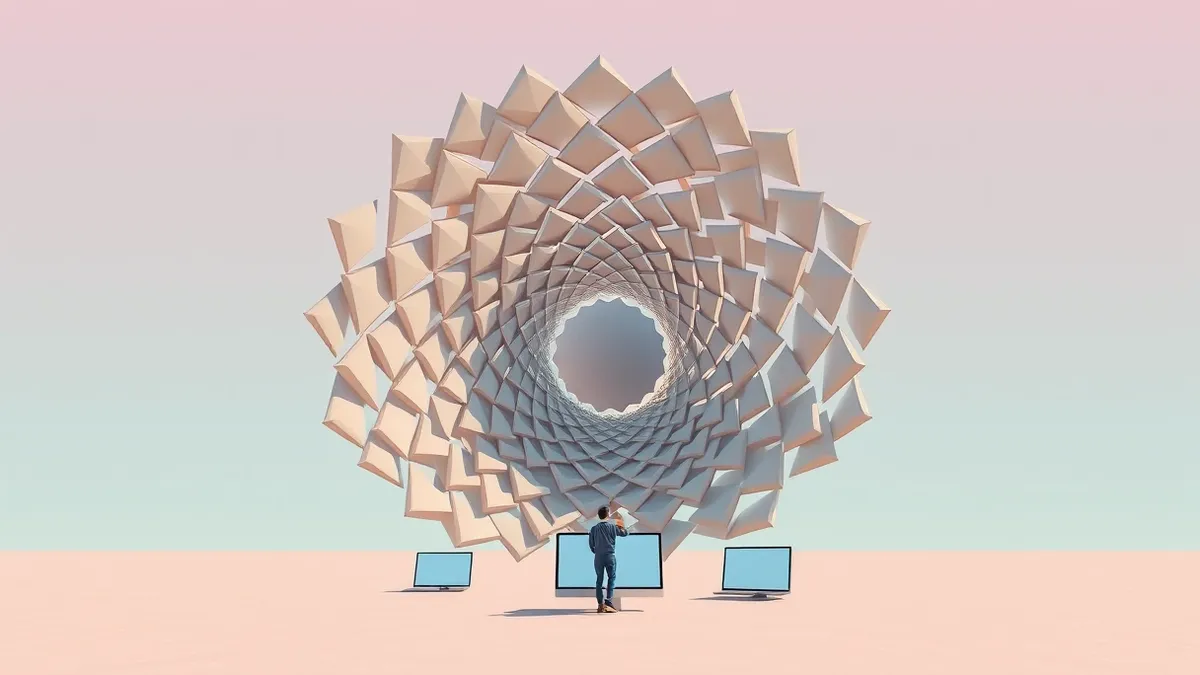 Illustration: A chaotic tangle of overlapping geometric shapes spirals infinitely inward, consuming the frame.