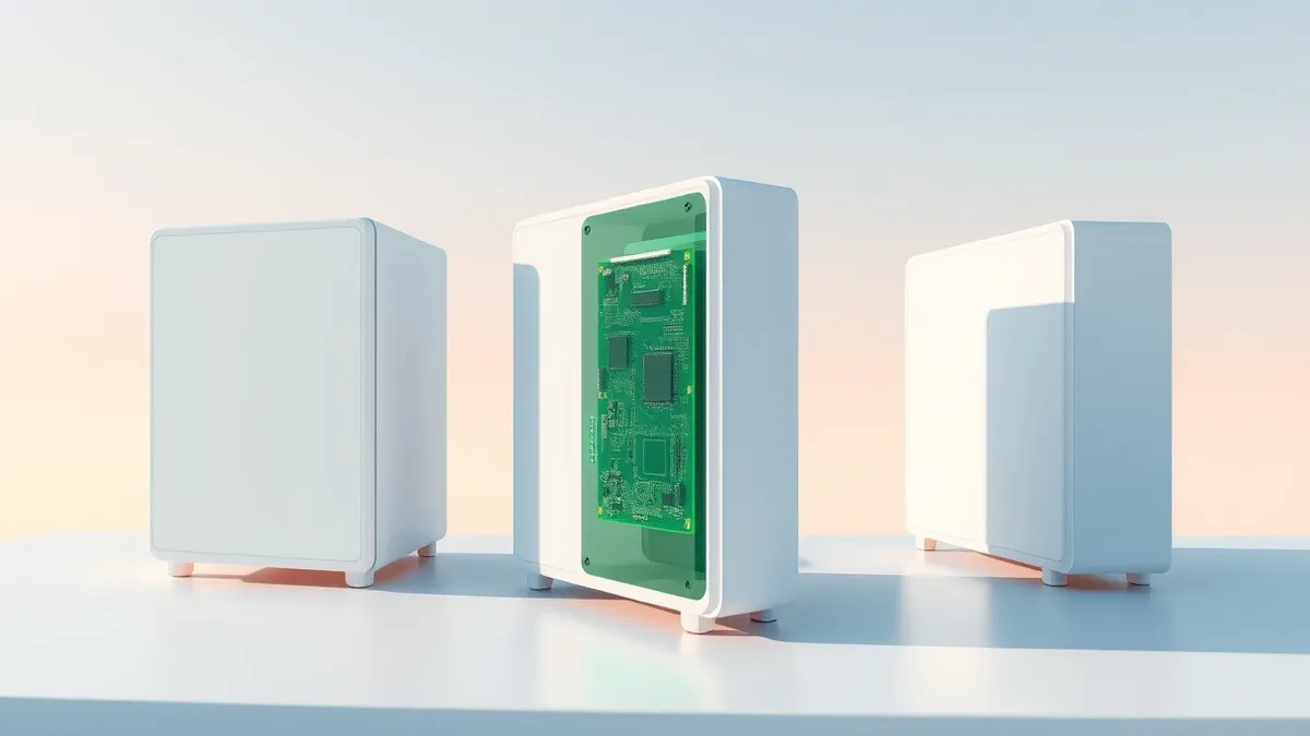 Illustration: Three sleek workstation towers with blank front panels sit side by side on a clean white desk, each featuring a single prominent green circuit board visible through a