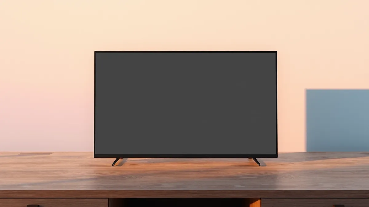 Illustration: A smart home display sits on a wooden surface.