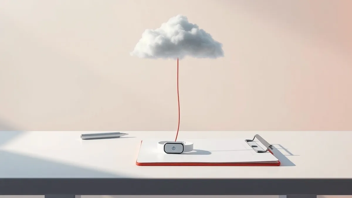 Illustration: A small white wearable cardiac sensor rests on a clean clinical examination table next to a blank clipboard.