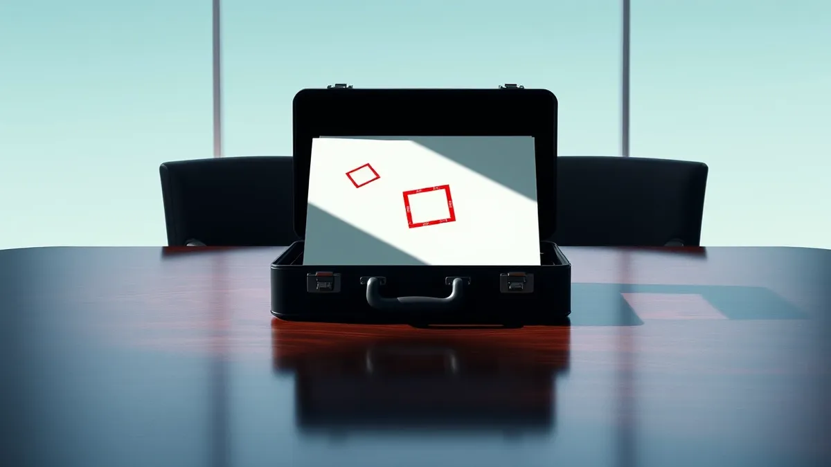 Illustration: A sleek black briefcase sits open on a polished mahogany boardroom table.