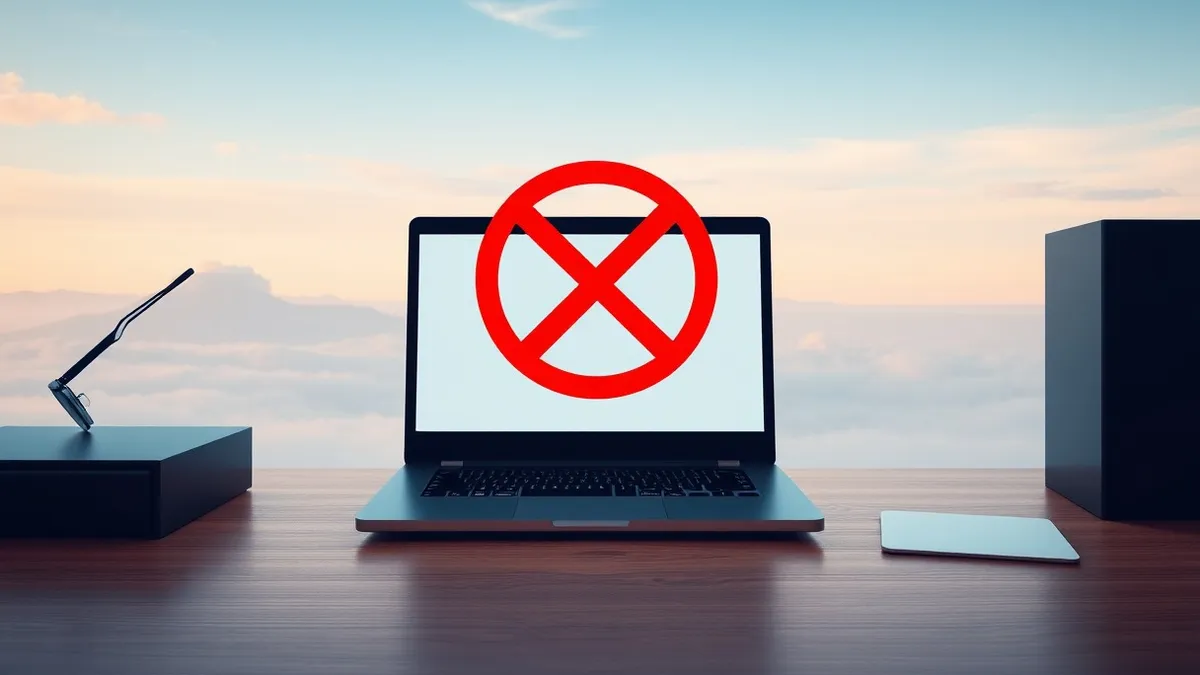Illustration: A sleek black laptop sits open on a wooden desk next to a pair of glasses.