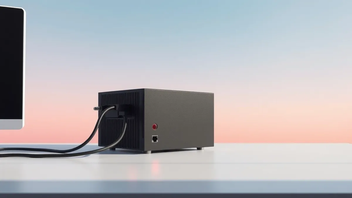 Illustration: A compact black desktop computer sits on a clean white desk.