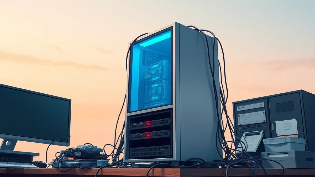 Illustration: A sleek silver server tower sits on a cluttered office desk, its front panel glowing with a steady blue light.