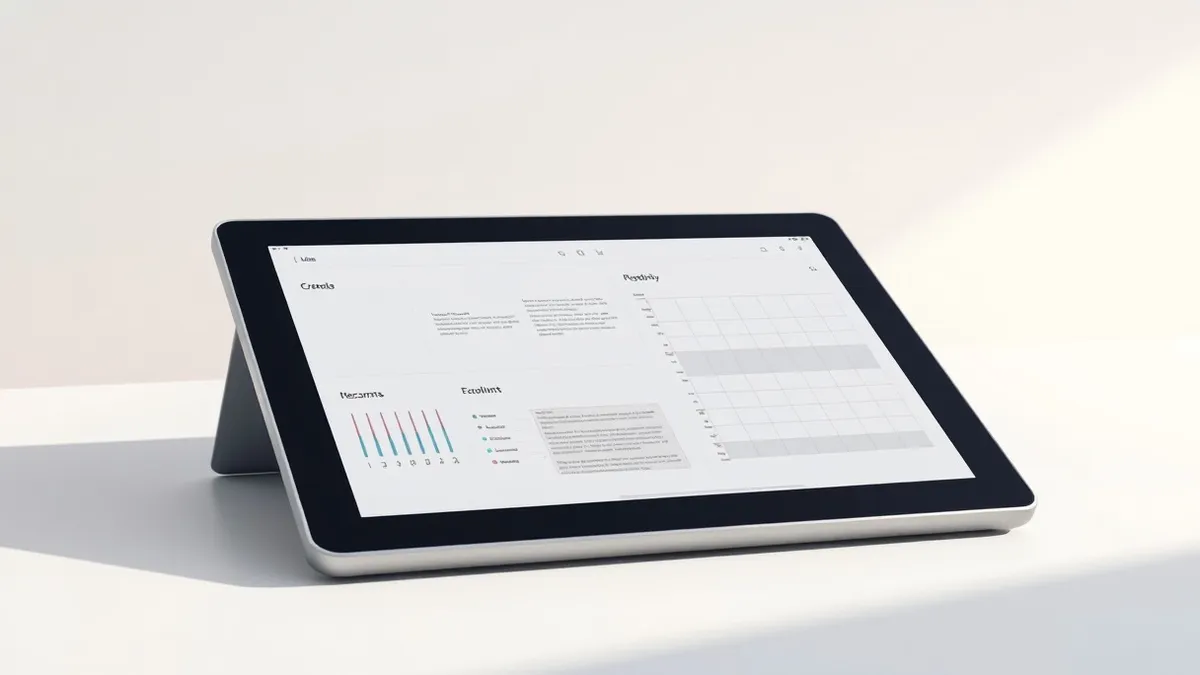 Illustration: A sleek tablet rests on a minimalist white desk, displaying a unified interface with blank document layouts and empty spreadsheet grids.