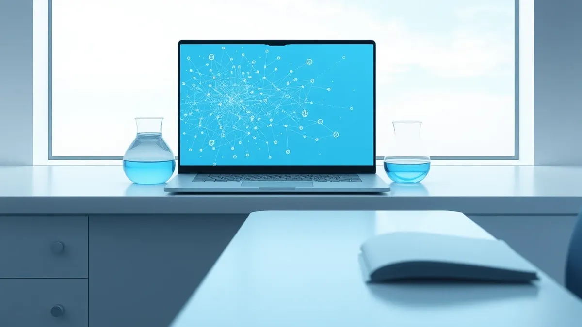 Illustration: A sleek silver laptop sits on a sterile white laboratory bench next to a glass beaker containing swirling blue liquid.