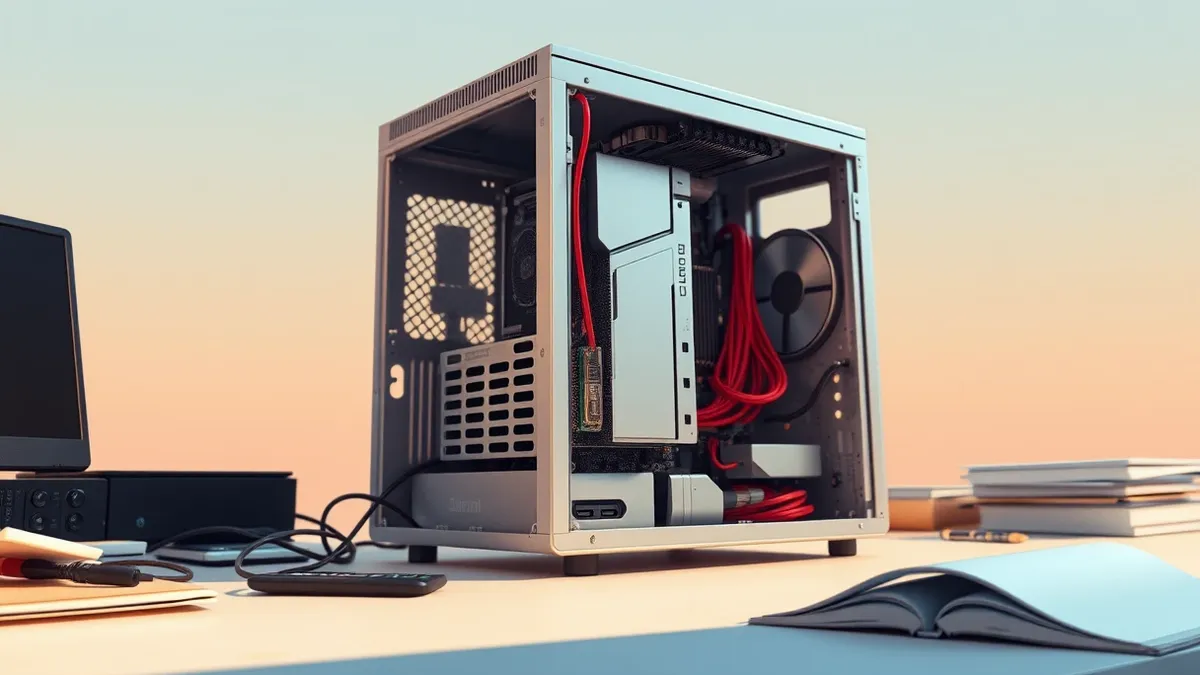 Illustration: A sleek silver desktop tower sits on a cluttered desk, its side panel removed to expose the motherboard.