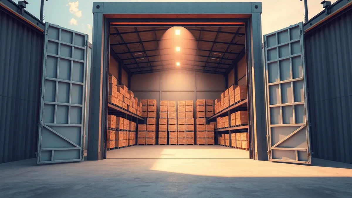 Illustration: A wide metal door swings open on a large industrial warehouse filled with neatly stacked crates.