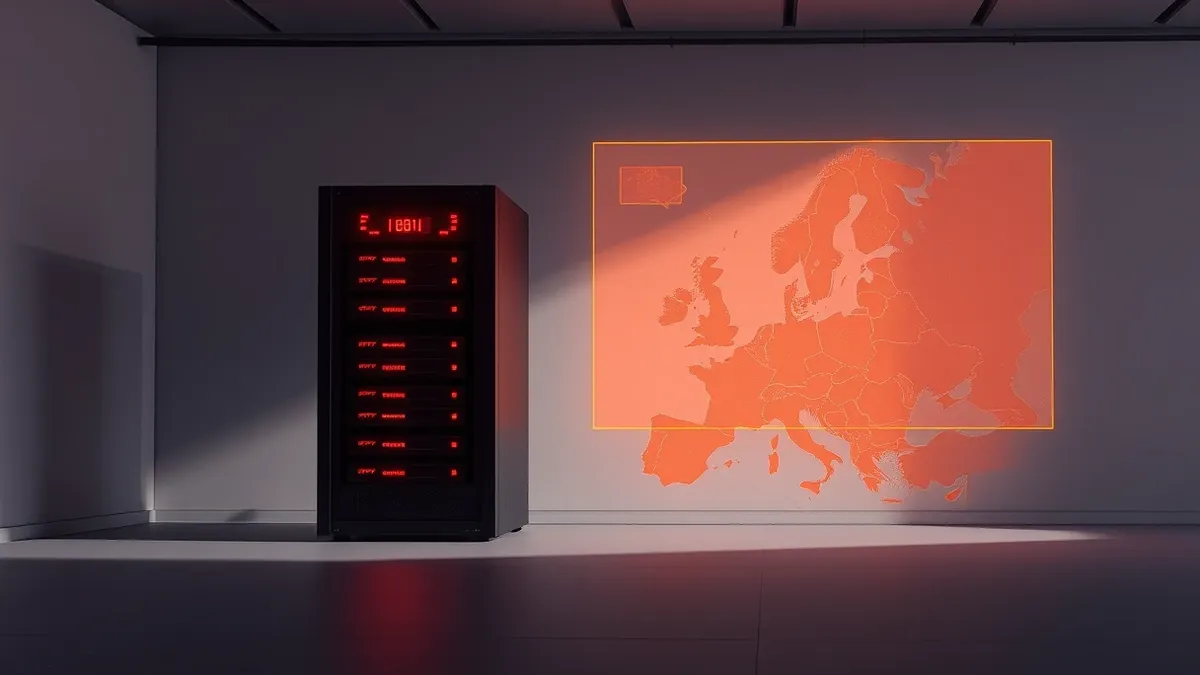 Illustration: A cloud server rack sits in a dimly lit room with several red warning lights blinking on its front panel.