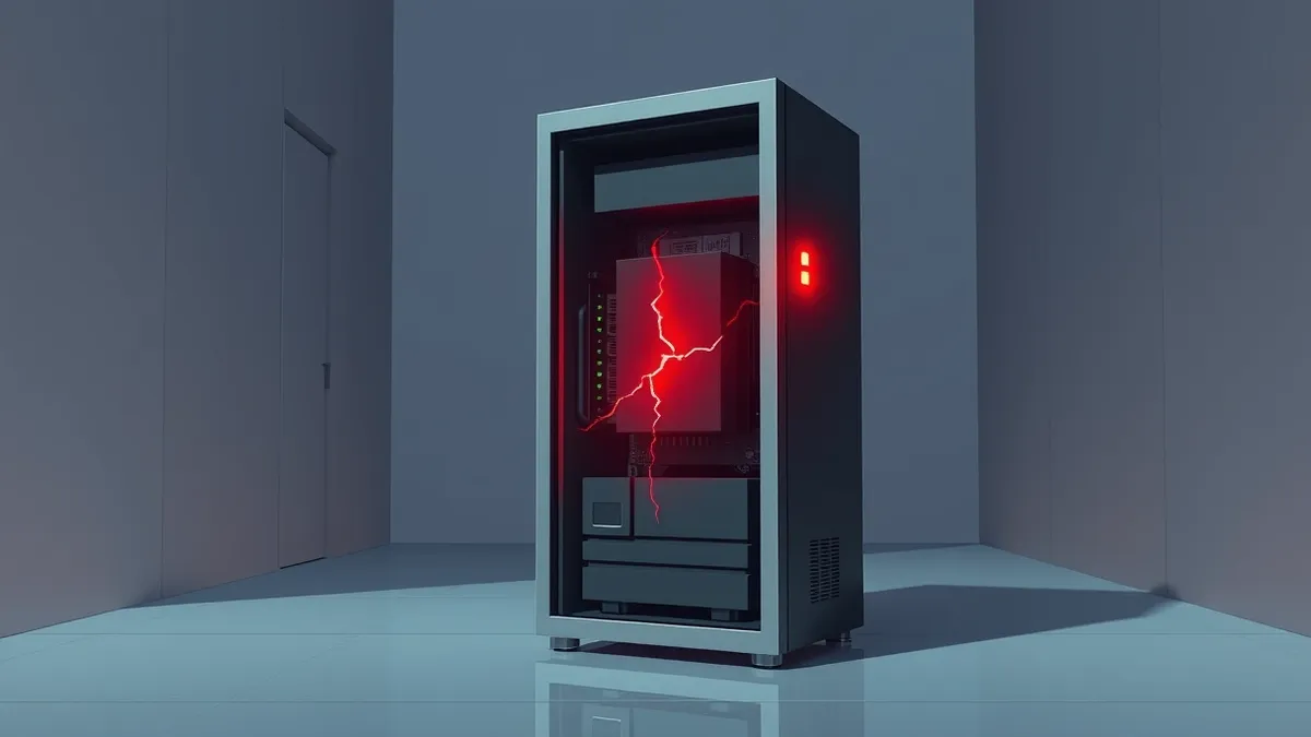 Illustration: A solitary, sleek server tower sits in a dim corridor with its metal side panel removed.