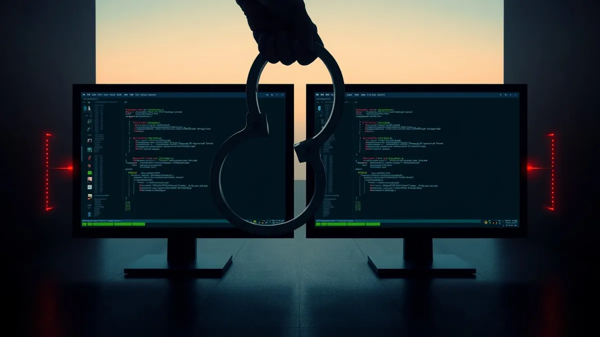 Illustration: Two generic software interface windows float in the center of a dark digital space.