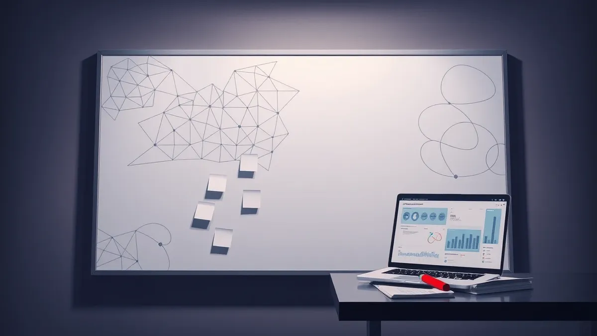 Illustration: A large whiteboard covered in complex geometric lattice structures and curved elliptical lines sits in a dim room.