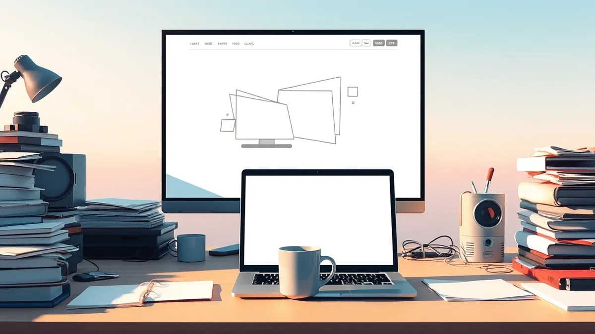 Illustration: A cluttered desk holds a blank laptop and an empty coffee cup.