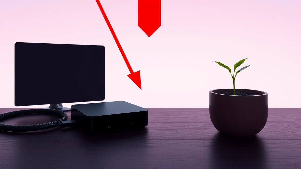 Illustration: A sleek black streaming device sits on a dark wooden table next to a coiled HDMI cable.