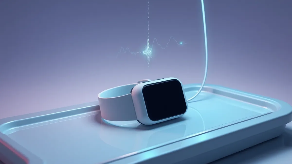 Illustration: A sleek white wearable heart monitor rests on a sterile medical tray.