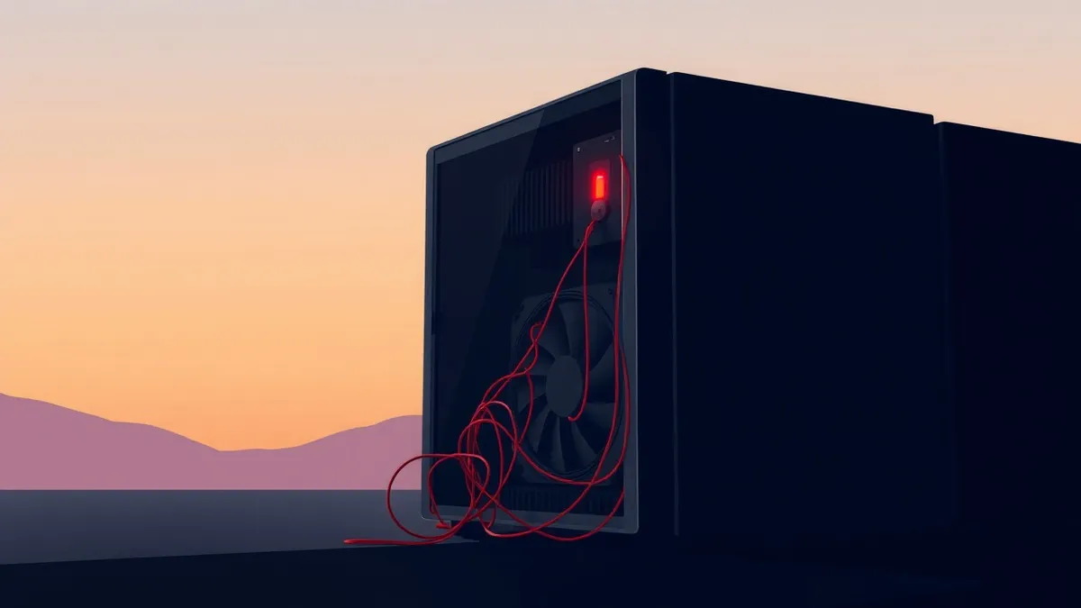 Illustration: A sleek black server unit sits in a dark room with a single red alert light blinking on its front panel.