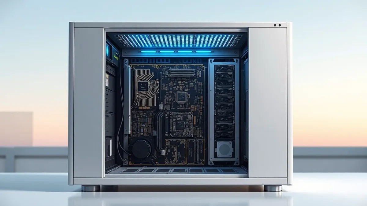 Illustration: A sleek white server chassis sits on a clean lab table, its front panel glowing with soft blue indicator lights.
