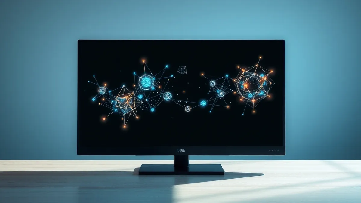 Illustration: A blank monitor sits on a wooden desk, displaying an intricate web of glowing neural network nodes and shifting geometric patterns.