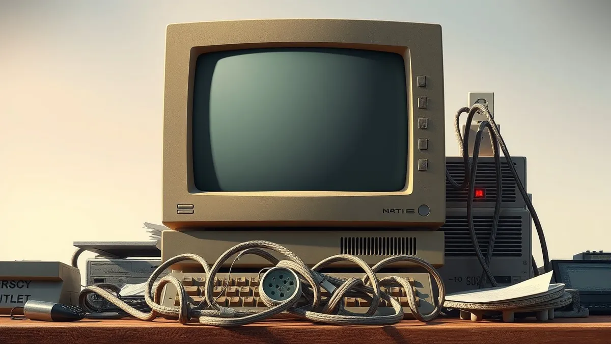 Illustration: A dusty beige desktop computer sits abandoned on a cluttered office desk, its CRT monitor displaying a blank gray screen.