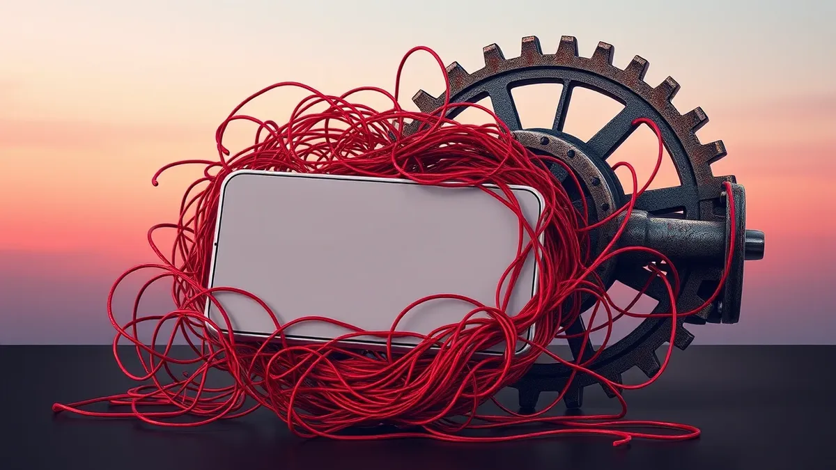 Illustration: A dark, tangled web of glowing red threads wraps around a generic silver smartphone.