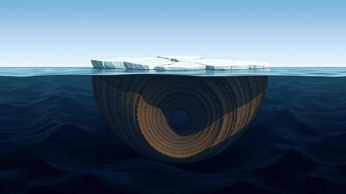 Illustration: A thin, fractured sheet of white ice floats on dark, choppy water.