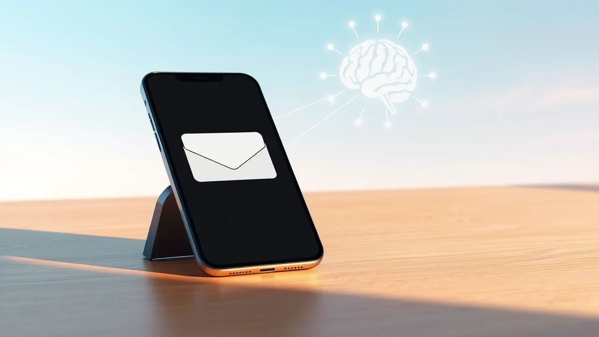 Illustration: A sleek smartphone rests on a wooden desk, its screen displaying a blank email interface.