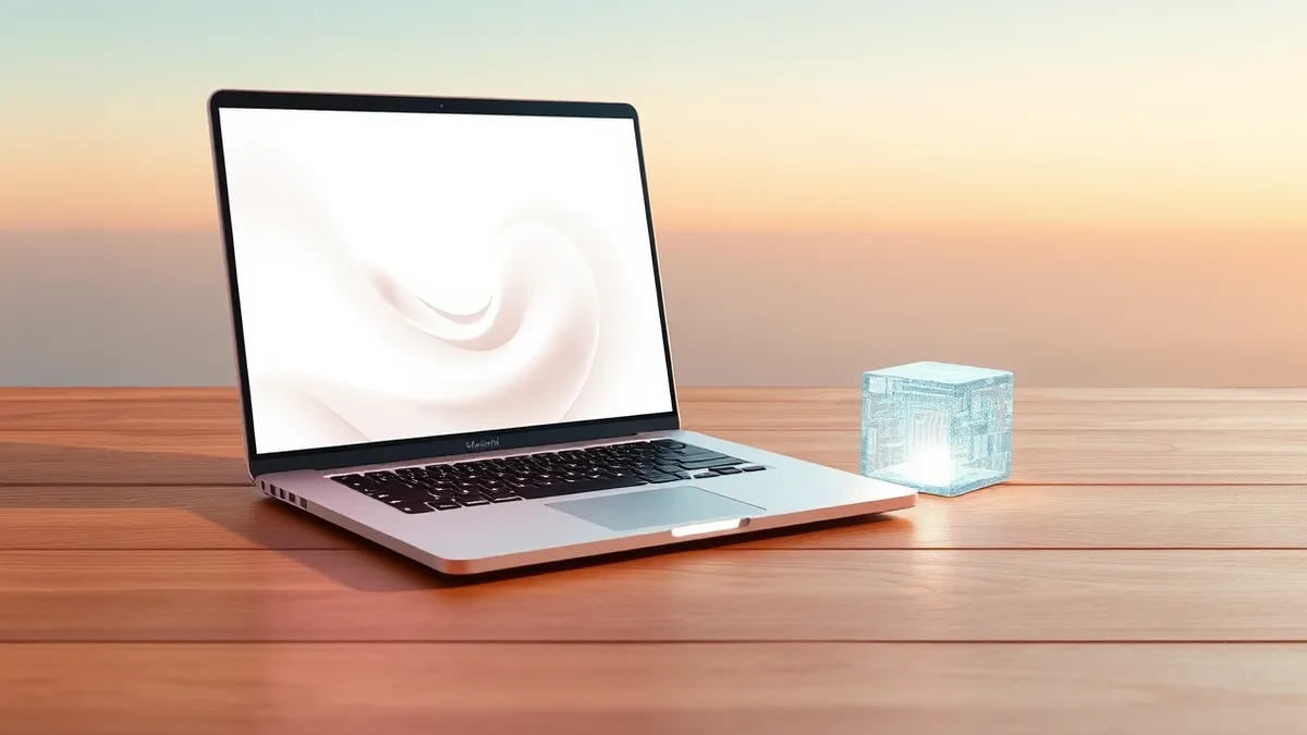 Illustration: A sleek silver laptop rests on a wooden desk, its lid open to reveal a bright screen filled with soft, abstract swirling shapes.