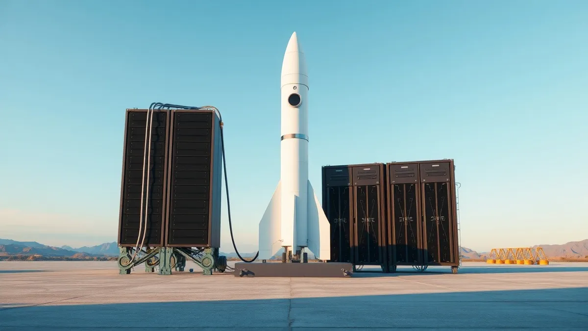 Illustration: A sleek white rocket sits on a concrete launch pad under a clear blue sky.