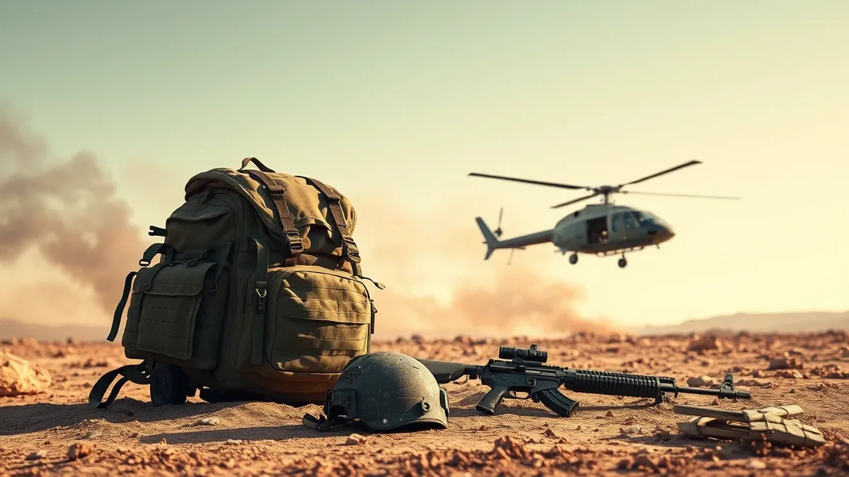 Illustration: A rugged military backpack sits on dusty ground next to a discarded helmet and a rifle.